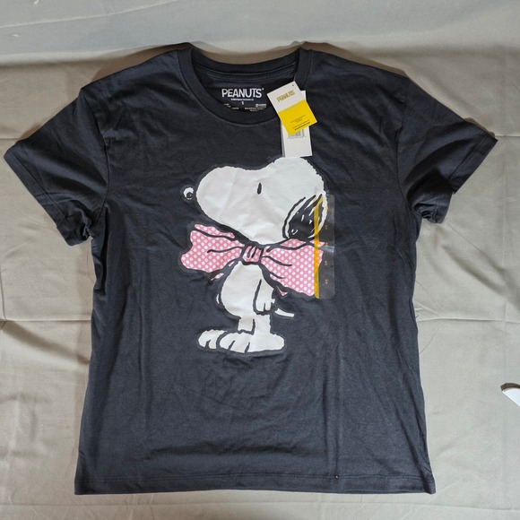 Peanuts Tops - Peanuts Snoopy Graphic T-Shirt Black Pink Bow Tie Short Sleeve PQP058BJRTG Small
